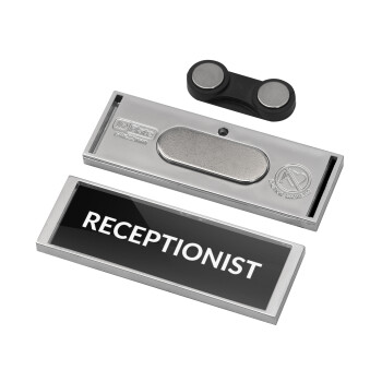 RECEPTIONIST, Name Tags/Badge Silver με μαγνήτη ασφαλείας (64x22mm)