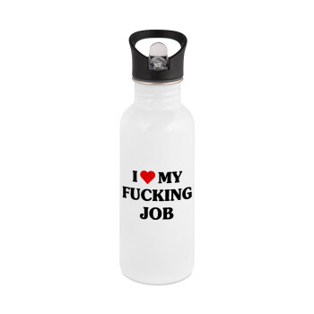 I love my fucking job, White water bottle with straw, stainless steel 600ml