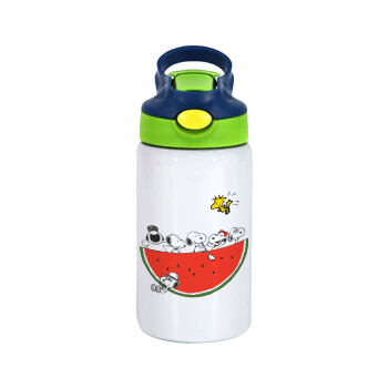 Snoopy summer, Children's hot water bottle, stainless steel, with safety straw, green, blue (350ml)