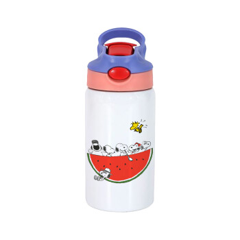 Snoopy summer, Παιδικό παγούρι θερμό, ανοξείδωτο, με καλαμάκι ασφαλείας, ροζ/μωβ (350ml)