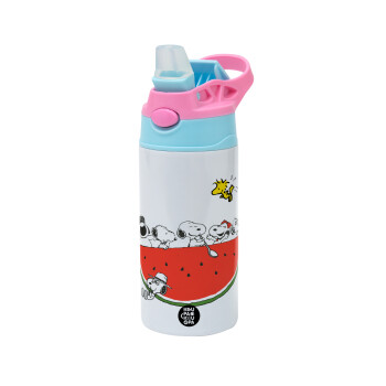 Snoopy summer, Children's hot water bottle, stainless steel, with safety straw, Pink/BlueCiel (360ml) BPA FREE