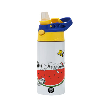 Snoopy summer, Children's hot water bottle, stainless steel, with safety straw, green, blue (360ml) BPA FREE