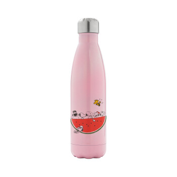 Snoopy summer, Metal mug thermos Pink Iridiscent (Stainless steel), double wall, 500ml