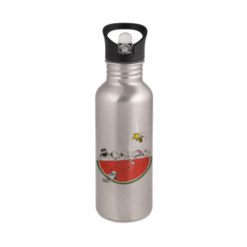 Snoopy summer, Water bottle Silver with straw, stainless steel 600ml