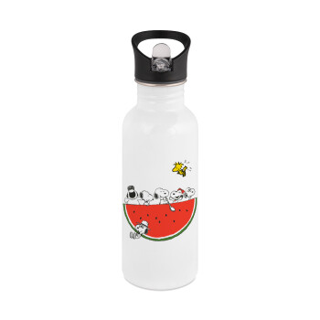 Snoopy summer, White water bottle with straw, stainless steel 600ml