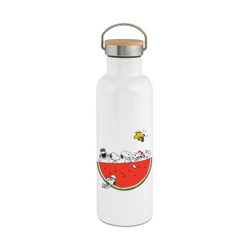 Snoopy summer, Stainless steel White with wooden lid (bamboo), double wall, 750ml