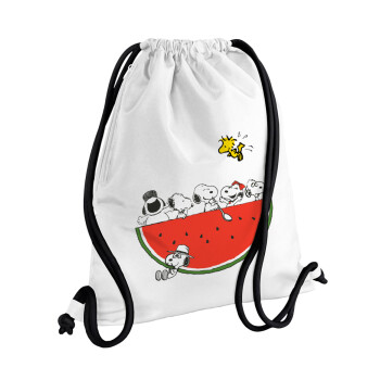 Snoopy summer, Τσάντα πλάτης πουγκί GYMBAG λευκή, με τσέπη (40x48cm) & χονδρά κορδόνια