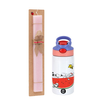 Snoopy summer, Easter Set, Children's thermal stainless steel water bottle with safety straw, pink/purple (350ml) & Easter scented flat candle (30cm) (PINK)