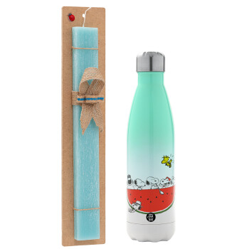 Snoopy summer, Easter Set, Metallic green/white thermos (Stainless steel), double-walled, 500ml & scented flat Easter candle (30cm) (TURQUOISE)