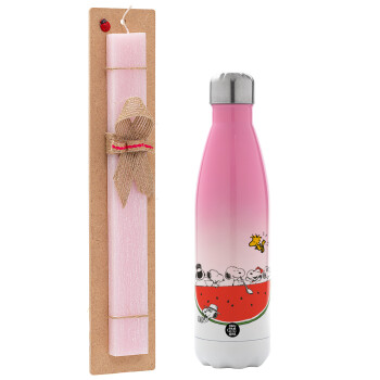 Snoopy summer, Easter Set, Metallic pink/white (Stainless steel) thermos, double-walled, 500ml & aromatic flat Easter candle (30cm) (PINK)