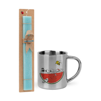 Snoopy summer, Easter Set, metallic thermal cup (300ml) & aromatic flat Easter candle (30cm) (TURQUOISE)