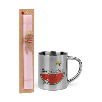 Snoopy summer, Easter Set, metallic thermal cup (300ml) & aromatic flat Easter candle (30cm) (PINK)