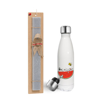 Snoopy summer, Easter candle, metallic white thermos bottle (500ml) & aromatic flat candle (30cm) (GRAY)