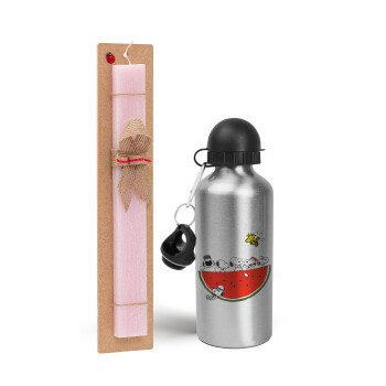 Snoopy summer, Easter Set, metallic Silver aluminum water bottle (500ml) & scented flat Easter candle (30cm) (PINK)