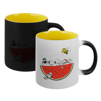 Snoopy summer, Κούπα Μαγική εσωτερικό κίτρινη, κεραμική 330ml που αλλάζει χρώμα με το ζεστό ρόφημα (1 τεμάχιο)