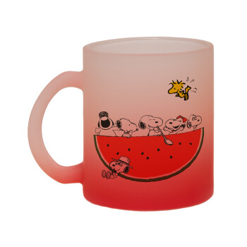 Snoopy summer, Κούπα γυάλινη δίχρωμη με βάση το κόκκινο ματ, 330ml