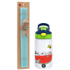 Easter Set, Children's thermal stainless steel bottle with safety straw, green/blue (350ml) & aromatic flat Easter candle (30cm) (TURQUOISE)