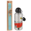 Easter Set, metallic silver aluminum water bottle (500ml) & scented flat Easter candle (30cm) (TURQUOISE)