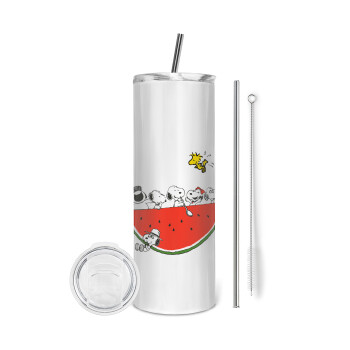 Snoopy summer, Eco friendly ποτήρι θερμό (tumbler) από ανοξείδωτο ατσάλι 600ml, με μεταλλικό καλαμάκι & βούρτσα καθαρισμού