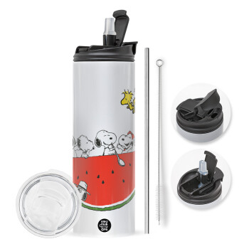 Snoopy summer, Travel Tumbler θερμό με διπλό καπάκι, μεταλλικό καλαμάκι και βούρτσα καθαρισμού (Ανωξείδωτο 304 Food grade, BPA free, 600ml)