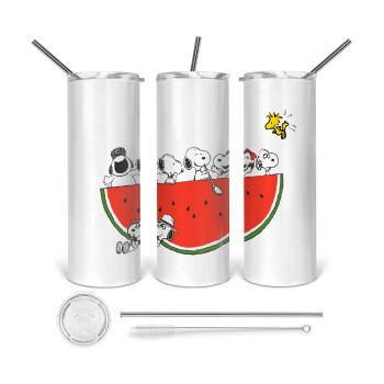 Snoopy summer, Tumbler ποτήρι θερμό από ανοξείδωτο ατσάλι 600ml, με μεταλλικό καλαμάκι & βούρτσα καθαρισμού