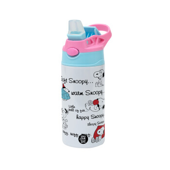 Snoopy manual, Children's hot water bottle, stainless steel, with safety straw, Pink/BlueCiel (360ml) BPA FREE