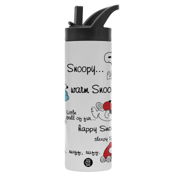 Snoopy manual, Μεταλλικό παγούρι θερμός με καλαμάκι & χειρολαβή, ανοξείδωτο ατσάλι (Stainless steel 304), διπλού τοιχώματος, 600ml