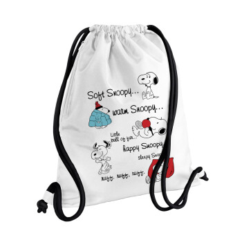 Snoopy manual, Backpack pouch GYMBAG white, with pocket (40x48cm) & thick cords