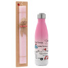 Easter Set, Metallic pink/white (Stainless steel) thermos, double-walled, 500ml & aromatic flat Easter candle (30cm) (PINK)