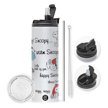 Snoopy manual, Travel Tumbler θερμό με διπλό καπάκι, μεταλλικό καλαμάκι και βούρτσα καθαρισμού (Ανωξείδωτο 304 Food grade, BPA free, 600ml)