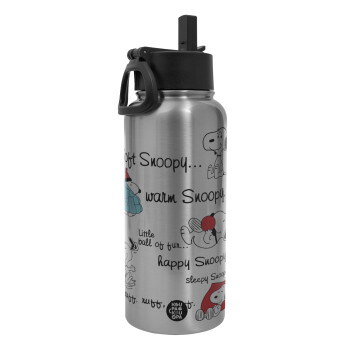 Snoopy manual, Metal mug thermo Silver with Straw and Spout Lid (Stainless steel), double wall, 950ml