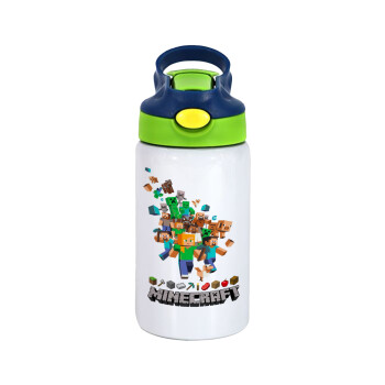 Minecraft adventure, Children's hot water bottle, stainless steel, with safety straw, green, blue (350ml)