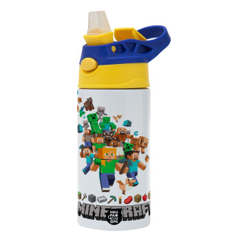 Minecraft adventure, Children's hot water bottle, stainless steel, with safety straw, green, blue (360ml) BPA FREE