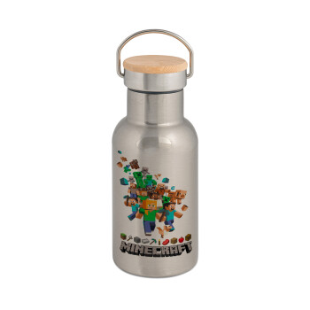 Minecraft adventure, Stainless steel metallic thermos flask, silver with a bamboo lid, double-walled, 350ml.