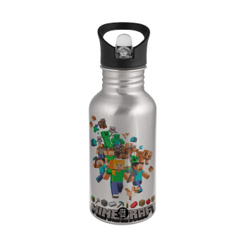 Minecraft adventure, Water bottle Silver with straw, stainless steel 500ml