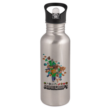 Minecraft adventure, Water bottle Silver with straw, stainless steel 600ml