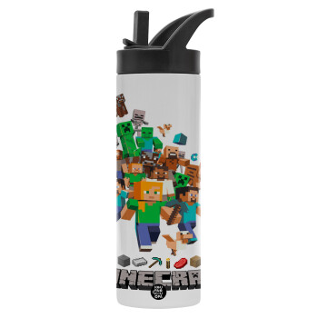 Minecraft adventure, Metallic thermos bottle with straw & handle, stainless steel (Stainless steel 304), double-walled, 600ml.