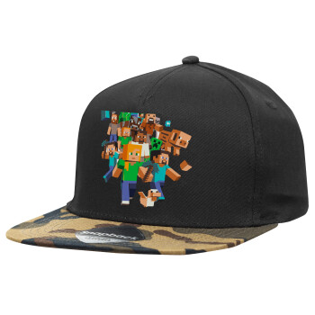 Minecraft adventure, Adult Flat Snapback Hat Black/Camouflage, (100% COTTON TWILL, ADULT, UNISEX, ONE SIZE)