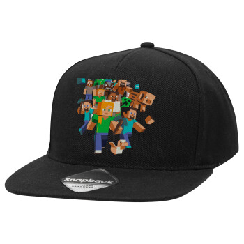 Minecraft adventure, Adult Flat Snapback Hat Black, (100% COTTON TWILL, ADULT, UNISEX, ONE SIZE)