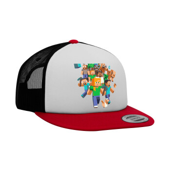 Minecraft adventure, Adult Foam Flat Snapback with Mesh Red-White-Black (POLYESTER, ADULT, UNISEX, ONE SIZE)