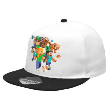 Minecraft adventure, Καπέλο Ενηλίκων Flat Snapback Λευκό/Μαύρο, (100% ΒΑΜΒΑΚΕΡΟ Twill, ΕΝΗΛΙΚΩΝ, UNISEX, ONE SIZE)