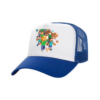 Minecraft adventure, Adult Structured Trucker Hat, with Mesh, WHITE/BLUE (100% COTTON, ADULT, UNISEX, ONE SIZE)