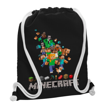 Minecraft adventure, Backpack pouch GYMBAG Black, with pocket (40x48cm) & thick white cords