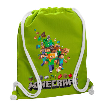 Minecraft adventure, Backpack bag GYMBAG LIME GREEN, with pocket (40x48cm) & thick cords