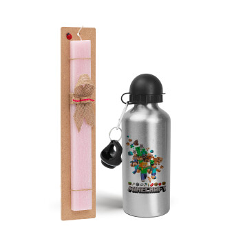 Minecraft adventure, Easter Set, metallic Silver aluminum water bottle (500ml) & scented flat Easter candle (30cm) (PINK)