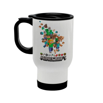 Minecraft adventure, Stainless steel travel mug with lid, double wall white 450ml