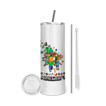 Minecraft adventure, Eco friendly stainless steel tumbler 600ml, with metal straw & cleaning brush