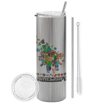 Minecraft adventure, Tumbler stainless steel Silver 600ml, with metal straw & cleaning brush