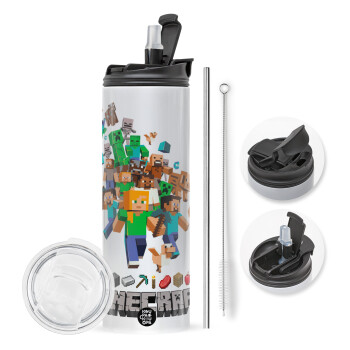 Minecraft adventure, Travel Tumbler θερμό με διπλό καπάκι, μεταλλικό καλαμάκι και βούρτσα καθαρισμού (Ανωξείδωτο 304 Food grade, BPA free, 600ml)