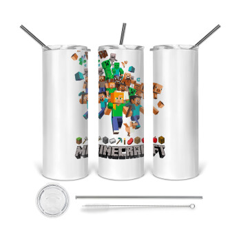 Minecraft adventure, Tumbler ποτήρι θερμό από ανοξείδωτο ατσάλι 600ml, με μεταλλικό καλαμάκι & βούρτσα καθαρισμού